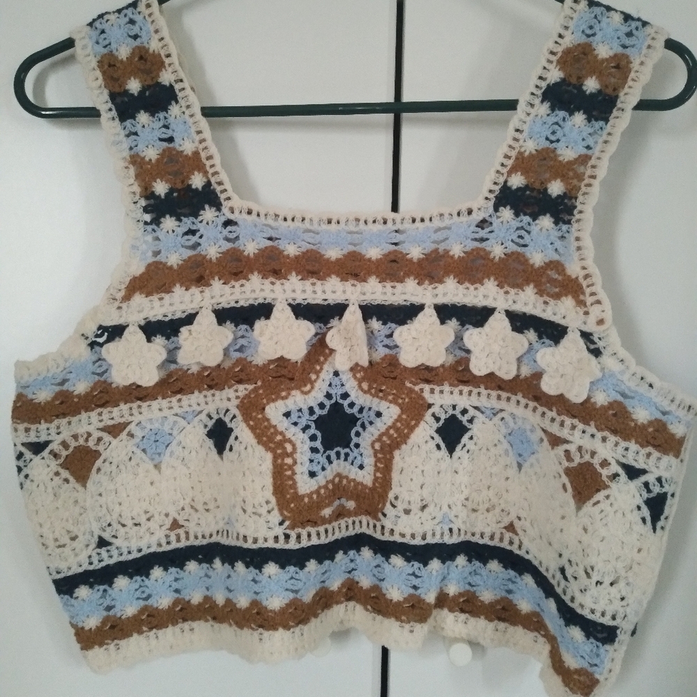 POL Crochet Patterned Crop Top - Cream, Brown, Blue